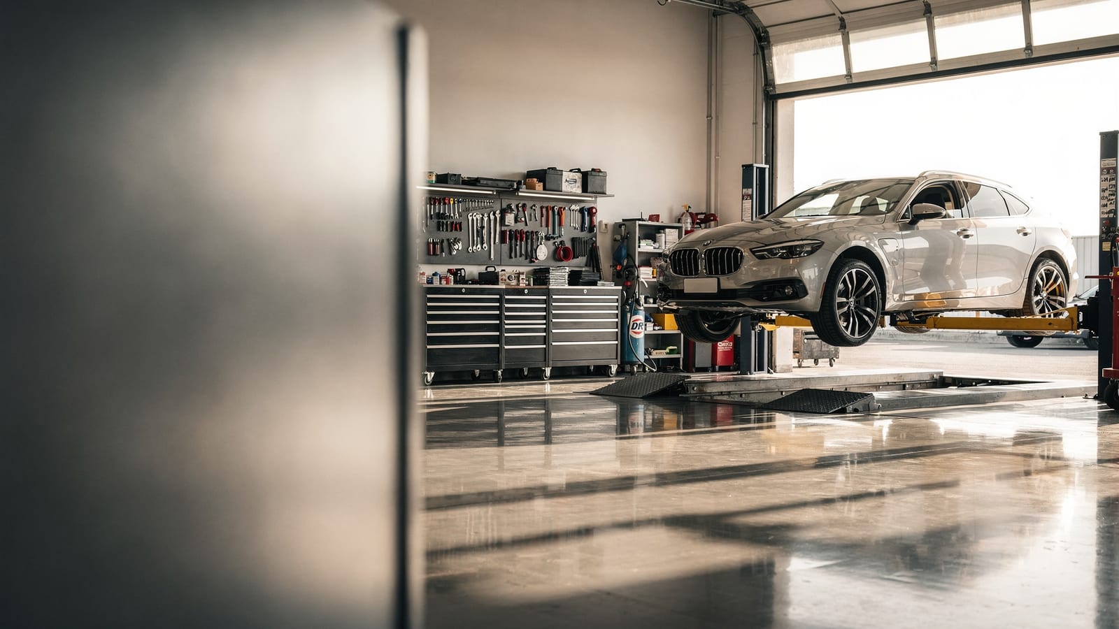 Inside Fitsum Auto Repair — a car on the lift in a clean service bay